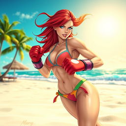 A dynamic scene featuring a Marvel-style Mary Jane character at the beach, wearing a stylish bikini and boxing gloves