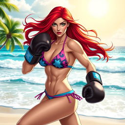 A dynamic scene featuring a Marvel-style Mary Jane character at the beach, wearing a stylish bikini and boxing gloves