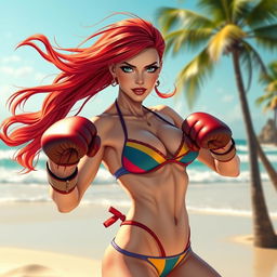 A dynamic scene featuring a Marvel-style Mary Jane character at the beach, wearing a stylish bikini and boxing gloves