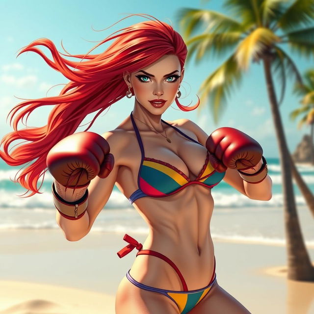 A dynamic scene featuring a Marvel-style Mary Jane character at the beach, wearing a stylish bikini and boxing gloves