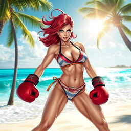 A dynamic scene featuring a Marvel-style Mary Jane character at the beach, wearing a stylish bikini and boxing gloves