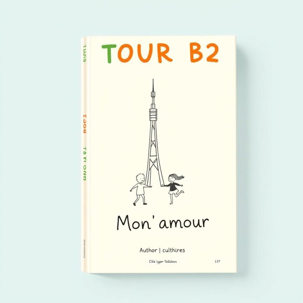 A simple and delightful book cover design for 'TOUR B2 Mon amour', featuring a light, inviting background color, such as soft blue or pale yellow