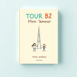 A simple and delightful book cover design for 'TOUR B2 Mon amour', featuring a light, inviting background color, such as soft blue or pale yellow
