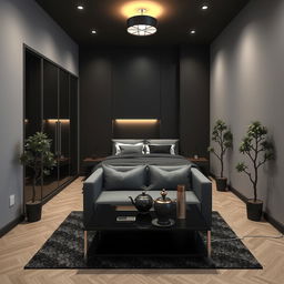 A modern room design with dimensions of 4m x 4m, featuring a color scheme of black and gray
