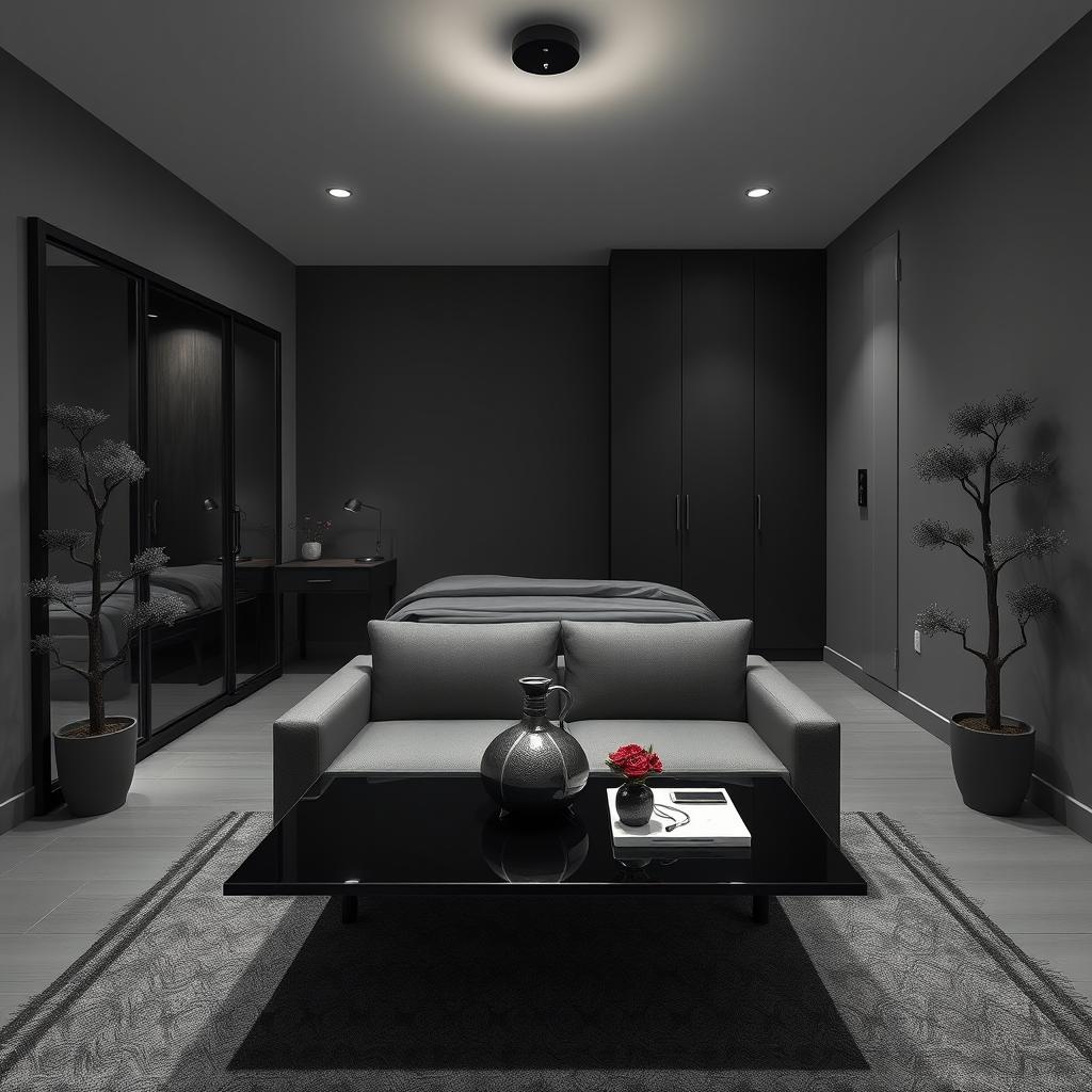 A modern room design with dimensions of 4m x 4m, featuring a color scheme of black and gray