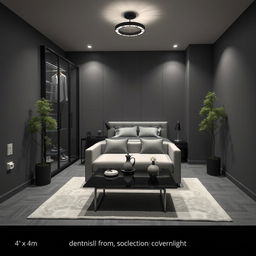 A modern room design with dimensions of 4m x 4m, featuring a color scheme of black and gray