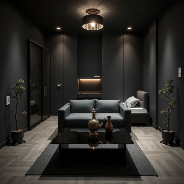 A modern room design with dimensions of 4m x 4m, featuring a color scheme of black and gray