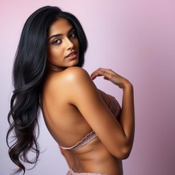 An alluring Indian female model with an elegant appearance, featuring long dark hair cascading down her shoulders