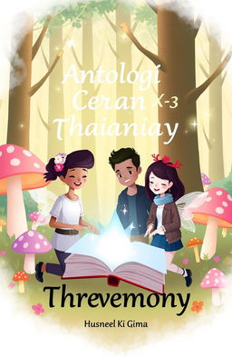 A whimsical and simple illustration for a fantasy-themed collection of short stories titled 'Antologi Cerpen Kelas XI-3 (Threemony)'
