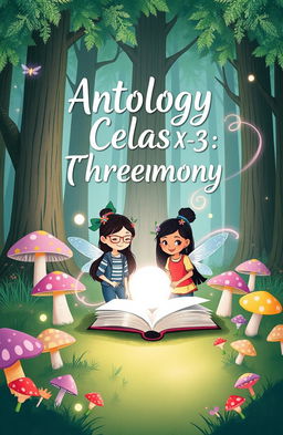 A whimsical and simple illustration for a fantasy-themed collection of short stories titled 'Antologi Cerpen Kelas XI-3 (Threemony)'