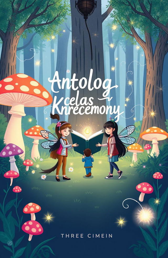 A whimsical and simple illustration for a fantasy-themed collection of short stories titled 'Antologi Cerpen Kelas XI-3 (Threemony)'