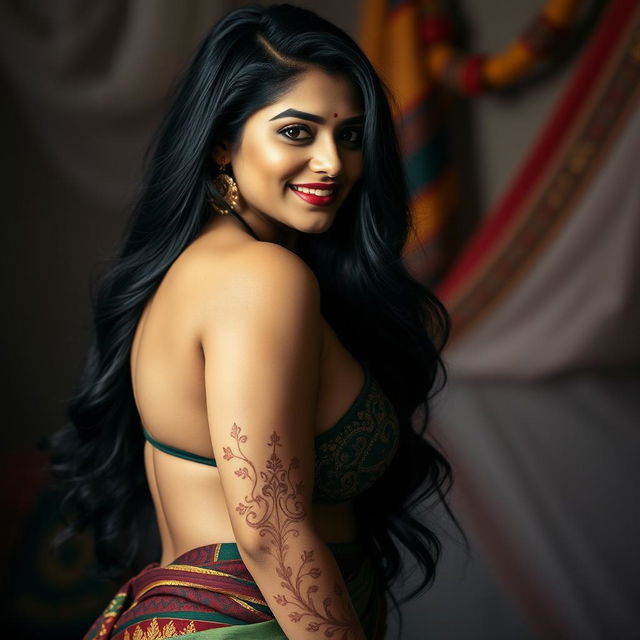 A sensual and artistic portrait of an Indian model with voluptuous features, showcasing her beauty in a tasteful manner