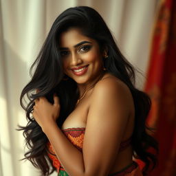 A sensual and artistic portrait of an Indian model with voluptuous features, showcasing her beauty in a tasteful manner