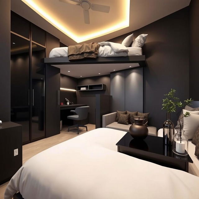 A modern bedroom design for two people featuring a stacked bed arrangement, with the upper bed above the lower bed