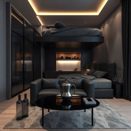 A modern bedroom design for two people featuring a stacked bed arrangement, with the upper bed above the lower bed
