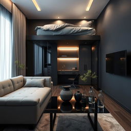 A modern bedroom design for two people featuring a stacked bed arrangement, with the upper bed above the lower bed