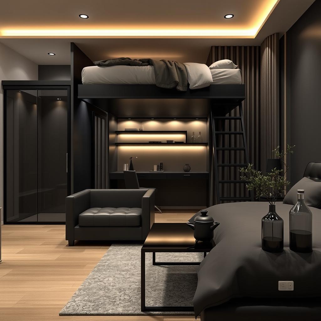 A modern bedroom design for two people featuring a stacked bed arrangement, with the upper bed above the lower bed