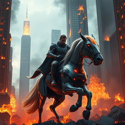 A fantasy scene featuring a man riding a mechanical horse in the middle of a city engulfed in flames