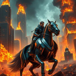 A fantasy scene featuring a man riding a mechanical horse in the middle of a city engulfed in flames