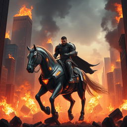 A fantasy scene featuring a man riding a mechanical horse in the middle of a city engulfed in flames