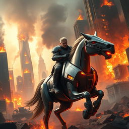 A fantasy scene featuring a man riding a mechanical horse in the middle of a city engulfed in flames