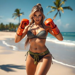 A powerful and fierce female character resembling Sonya Blade from Mortal Kombat, standing confidently on a sunny beach in a stylish bikini