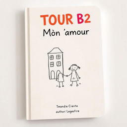 A straightforward and lovely book cover design for 'TOUR B2 Mon amour', featuring a soft, inviting background color like light pastel blue or pale yellow