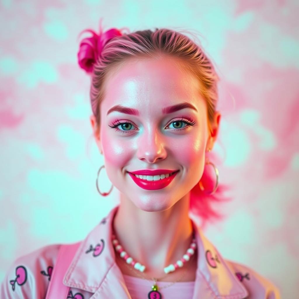 A vibrant and eye-catching portrait of a person marked with pink colors