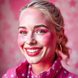 A vibrant and eye-catching portrait of a person marked with pink colors