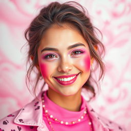 A vibrant and eye-catching portrait of a person marked with pink colors