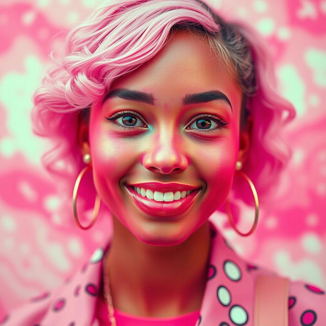 A vibrant and eye-catching portrait of a person marked with pink colors