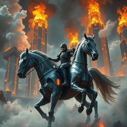A fantasy scene depicting a man riding a metallic horse in the middle of a city, surrounded by towering skyscrapers engulfed in flames