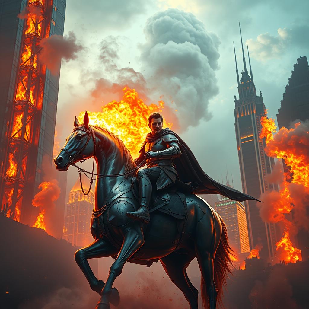 A fantasy scene depicting a man riding a metallic horse in the middle of a city, surrounded by towering skyscrapers engulfed in flames