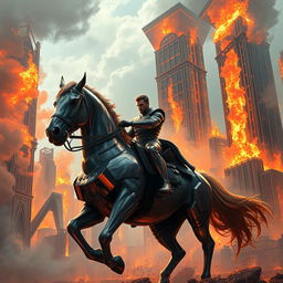 A fantasy scene depicting a man riding a metallic horse in the middle of a city, surrounded by towering skyscrapers engulfed in flames