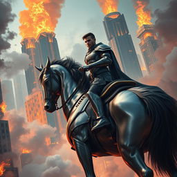 A fantasy scene depicting a man riding a metallic horse in the middle of a city, surrounded by towering skyscrapers engulfed in flames