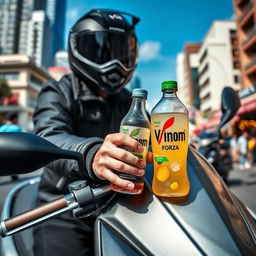 A stylish close-up of a Vinom drink being held by a rider on a Honda Forza MF08 scooter