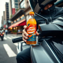 A stylish close-up of a Vinom drink being held by a rider on a Honda Forza MF08 scooter