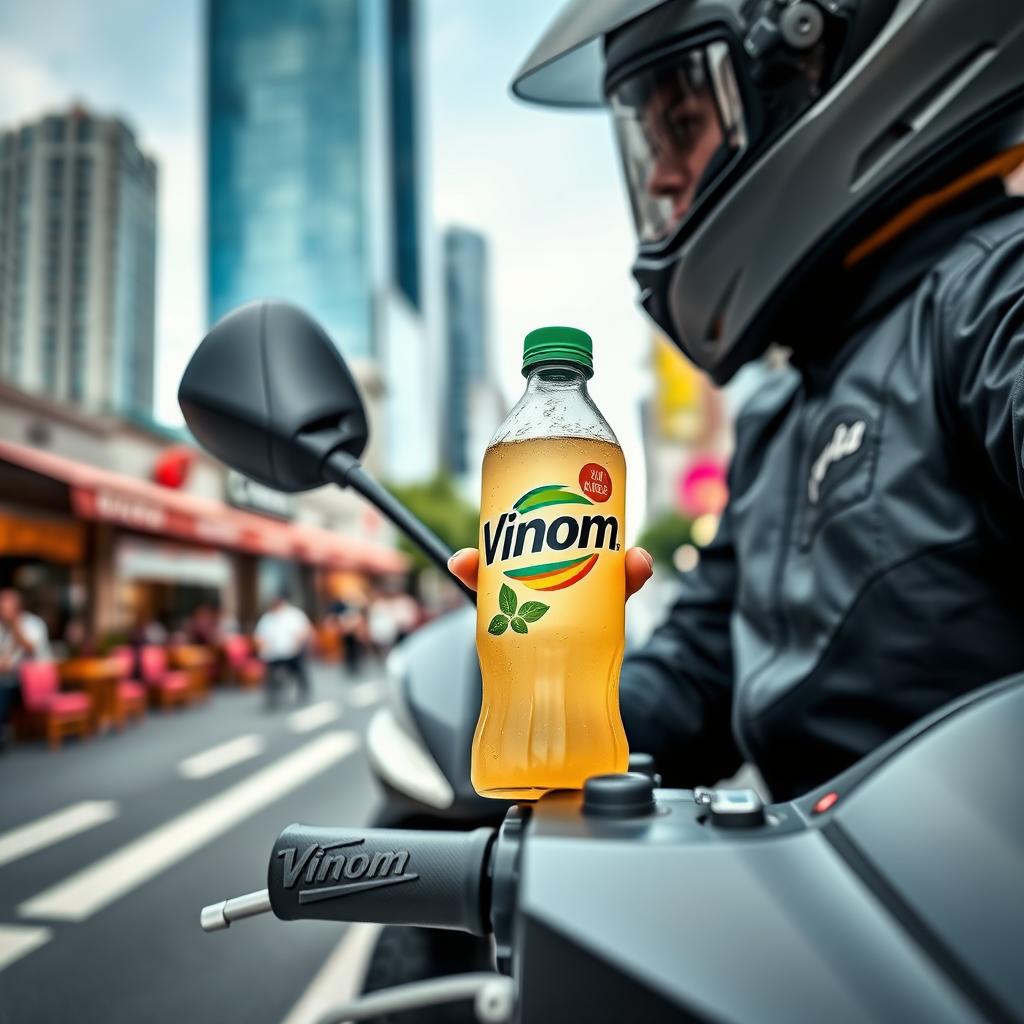 A stylish close-up of a Vinom drink being held by a rider on a Honda Forza MF08 scooter