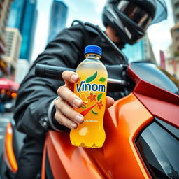 A stylish close-up of a Vinom drink being held by a rider on a Honda Forza MF08 scooter