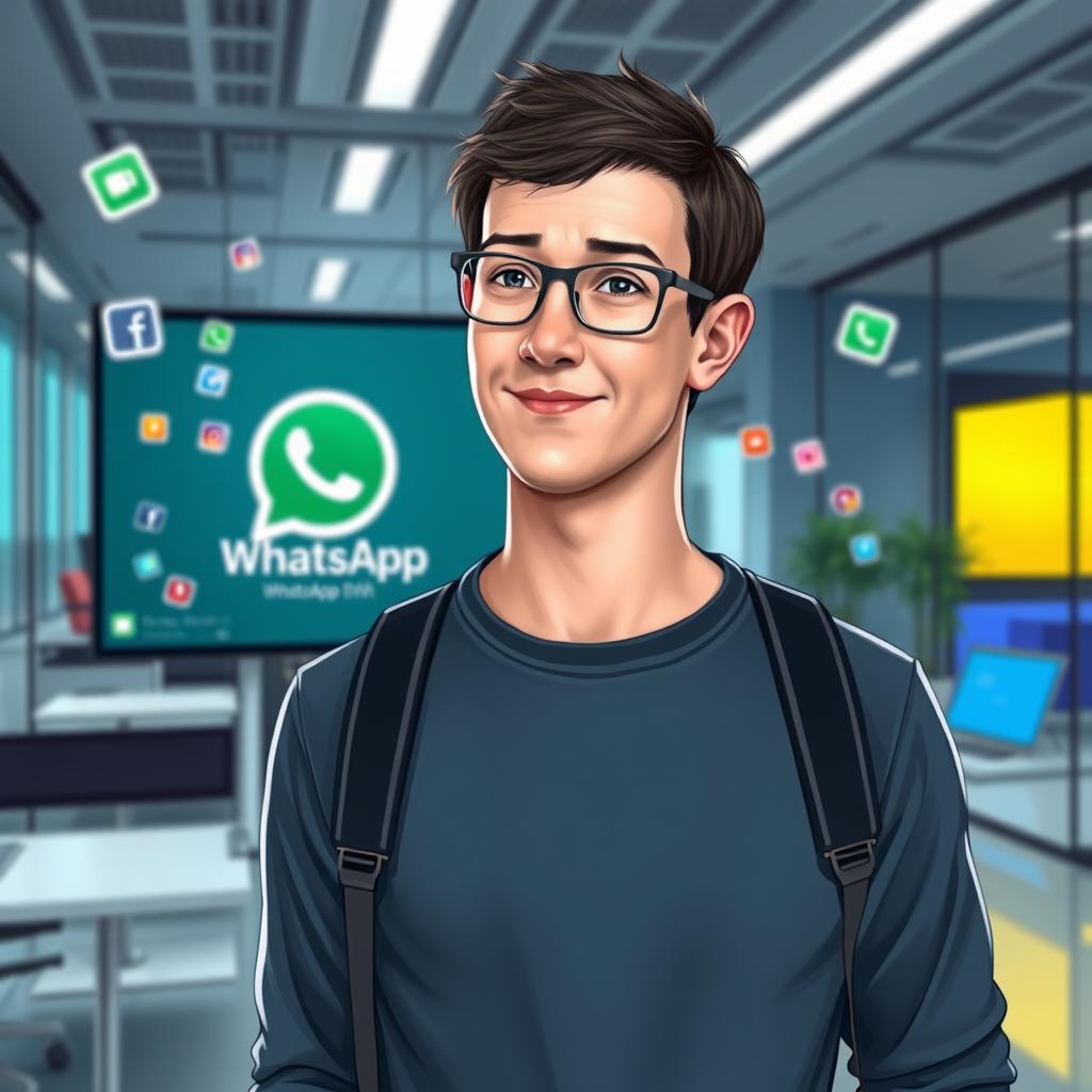 A creative and engaging digital artwork depicting Mark Zuckerberg, a young man with short dark hair and glasses, standing confidently in a modern, sleek office environment