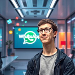 A creative and engaging digital artwork depicting Mark Zuckerberg, a young man with short dark hair and glasses, standing confidently in a modern, sleek office environment