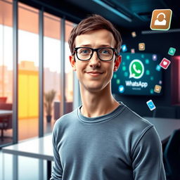 A creative and engaging digital artwork depicting Mark Zuckerberg, a young man with short dark hair and glasses, standing confidently in a modern, sleek office environment