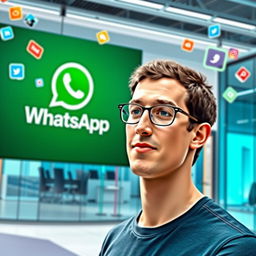A creative and engaging digital artwork depicting Mark Zuckerberg, a young man with short dark hair and glasses, standing confidently in a modern, sleek office environment