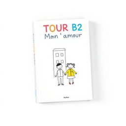 A simple and charming book cover design for 'TOUR B2 Mon amour', featuring a light, cheerful background color, like soft pastel blue or pale yellow