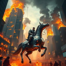 A fantasy scene of a man riding a majestic iron horse (mechanical steed) in the middle of a bustling city, surrounded by towering skyscrapers engulfed in flames