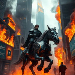 A fantasy scene of a man riding a majestic iron horse (mechanical steed) in the middle of a bustling city, surrounded by towering skyscrapers engulfed in flames