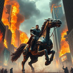 A fantasy scene of a man riding a majestic iron horse (mechanical steed) in the middle of a bustling city, surrounded by towering skyscrapers engulfed in flames