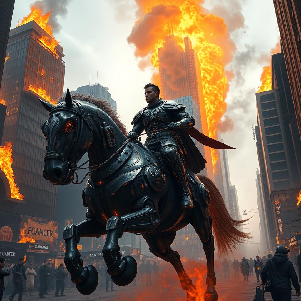 A fantasy scene of a man riding a majestic iron horse (mechanical steed) in the middle of a bustling city, surrounded by towering skyscrapers engulfed in flames