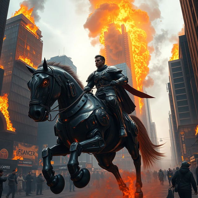 A fantasy scene of a man riding a majestic iron horse (mechanical steed) in the middle of a bustling city, surrounded by towering skyscrapers engulfed in flames