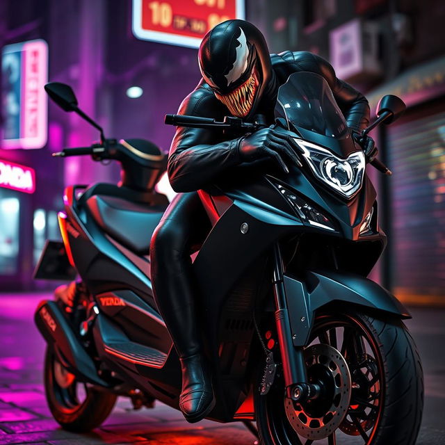 A dramatic close-up of a Venom character, depicted as a powerful and edgy comic book anti-hero, casually leaning against a Honda Forza MF08 scooter